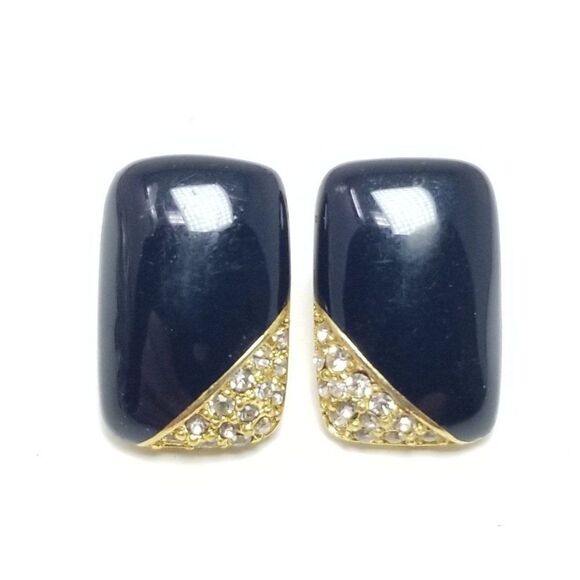 Vintage Black and Gold Tone Rectangle Stud Earrings, Rhinestones, Estate - Picture 1 of 6